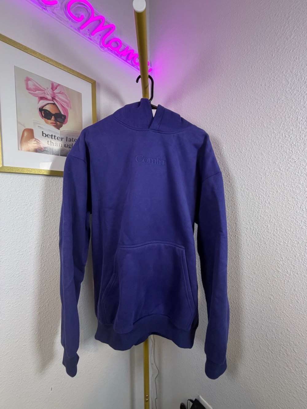 Comfrt Blue Hoodie Oversized Pullover Embroidered Logo Cozy Sweatshirt M NWOT